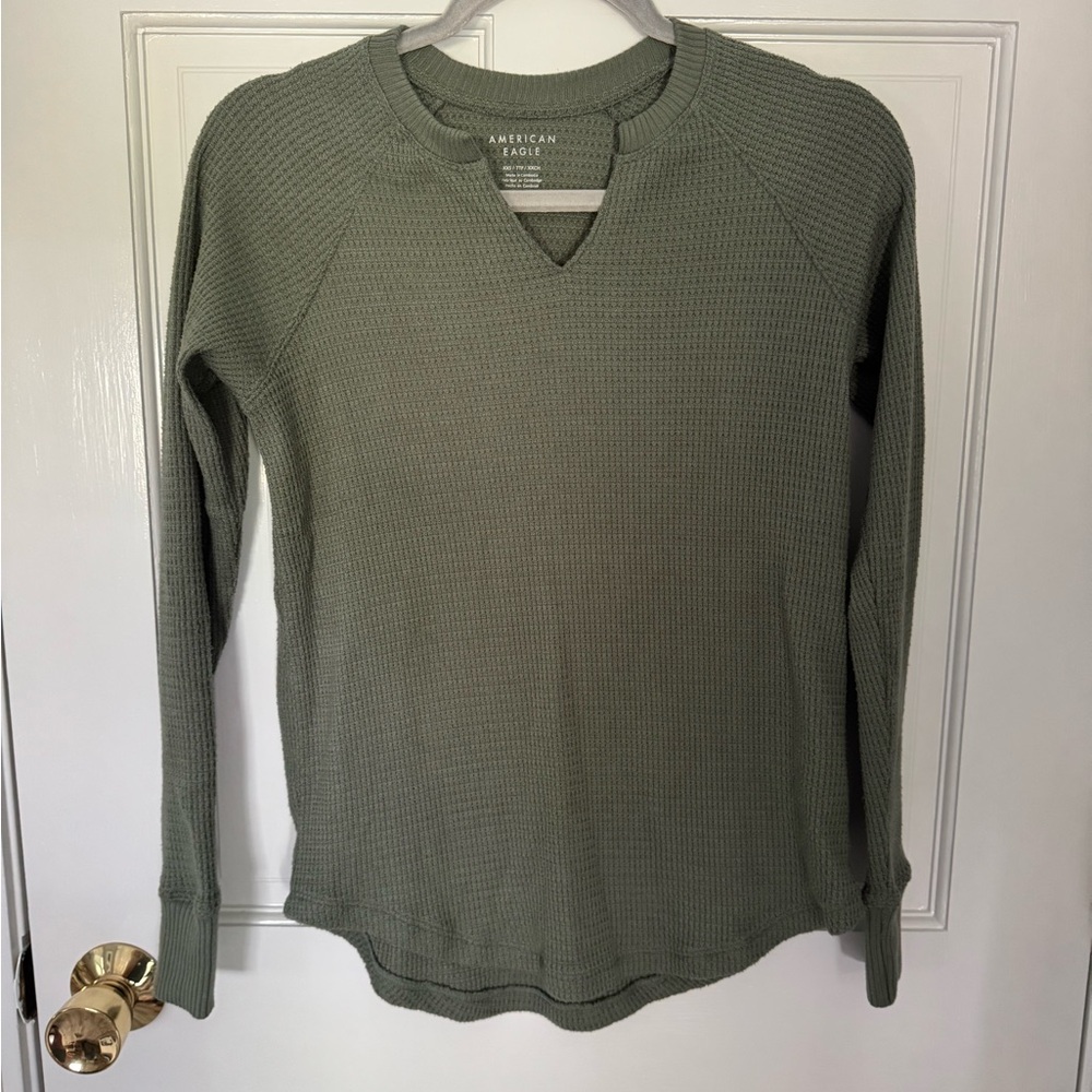 American Eagle Olive Textured waffle Knit Top
